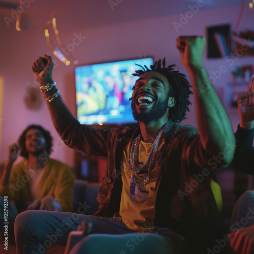 man cheering on a television photo