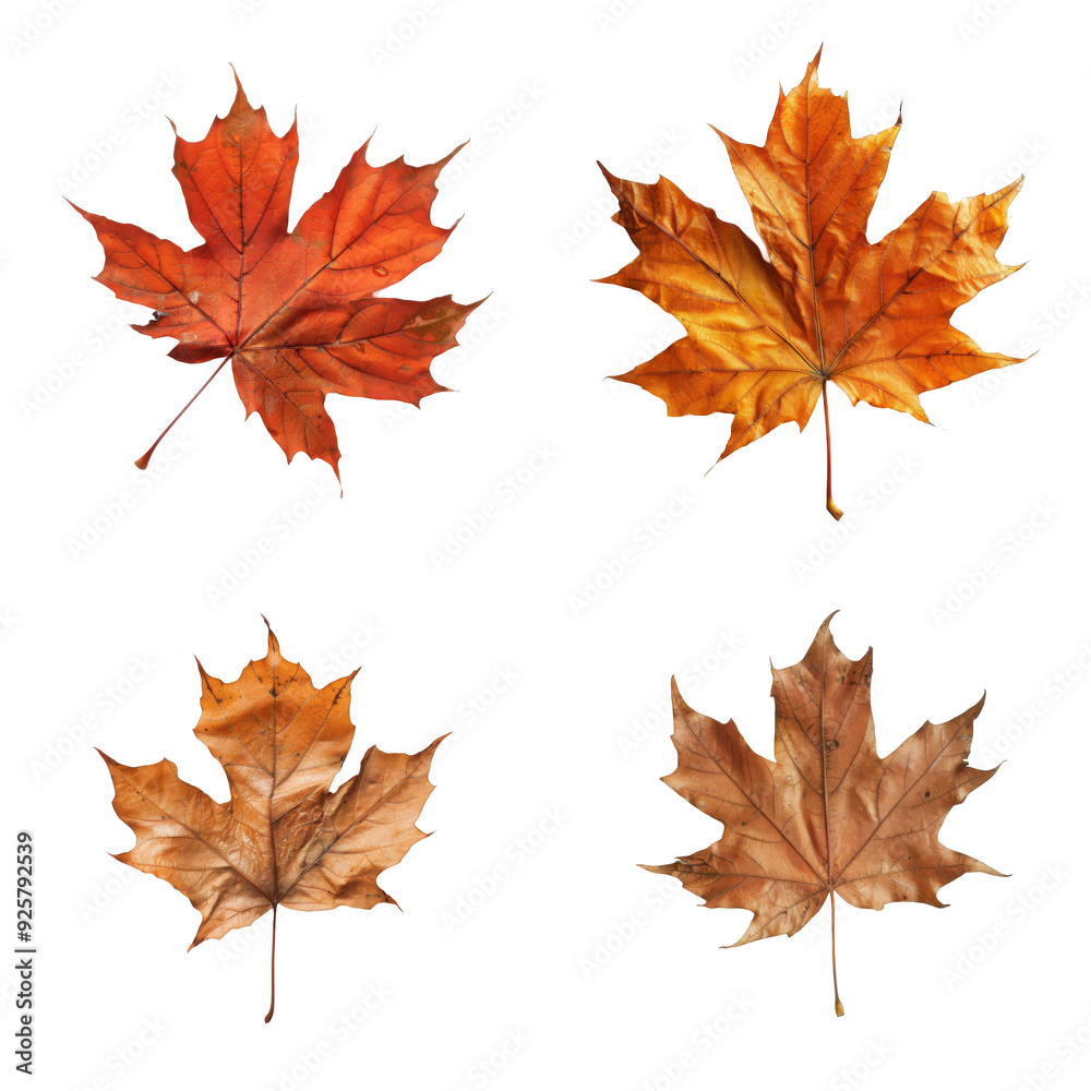 Four dried maple leaves of varying shades of orange, red, and brown Four dried maple leaves of varying shades of orange, red, and brown