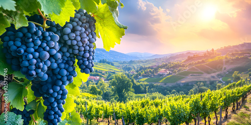 Sun-kissed vineyard with ripe grapes and rolling hills