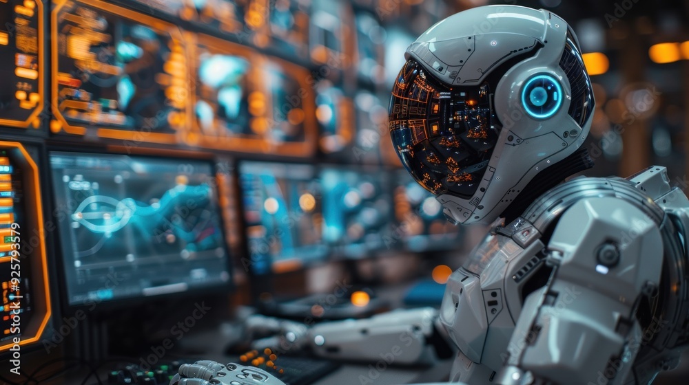 A futuristic robot analyzes data on multiple screens in a high-tech control room at dawn. Generative AI A futuristic robot analyzes data on multiple screens in a high-tech control room at dawn. Generative AI