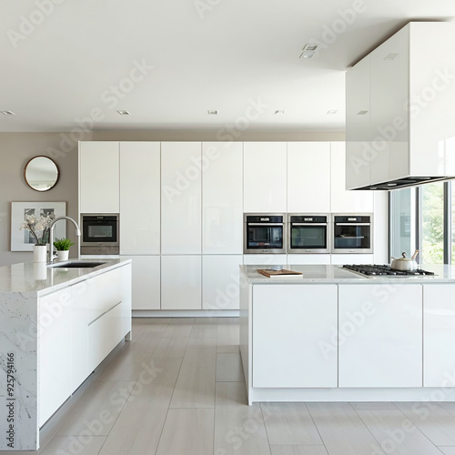 Minimalist white kitchen with marble countertops and modern appliances