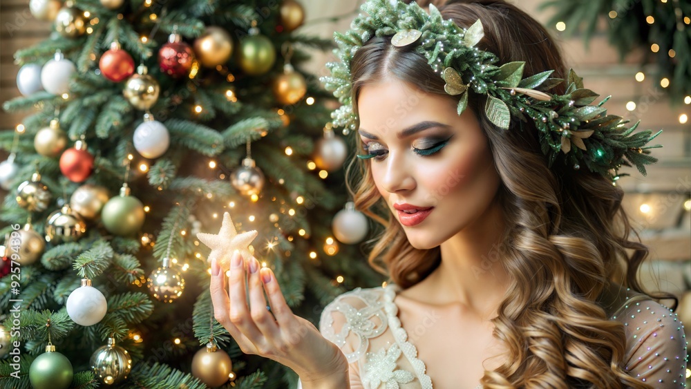 christmas winter woman with miracle in her hand christmas winter woman with miracle in her hand