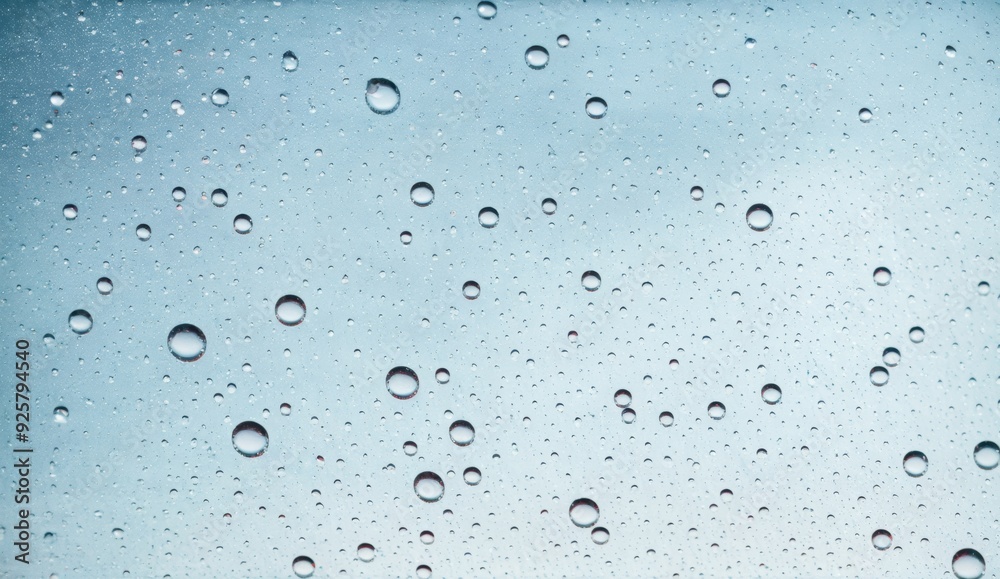 Raindrops adhering to a clear surface with a soft blue backdrop 