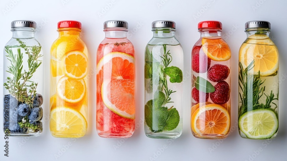 Assortment of detox water bottles with fruits and herbs, displayed against a clean, white background, Detox, Refreshing, clean, pure hydration Assortment of detox water bottles with fruits and herbs, displayed against a clean, white background, Detox, Refreshing, clean, pure hydration
