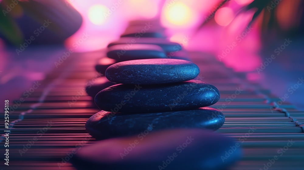 A serene arrangement of smooth stones on a bamboo mat, illuminated by soft, colorful lighting, creating a calming atmosphere. A serene arrangement of smooth stones on a bamboo mat, illuminated by soft, colorful lighting, creating a calming atmosphere.