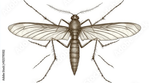 A vintage illustration of a mosquito in a scientific style, with delicate linework showing the wings and body segments, isolated on a white background