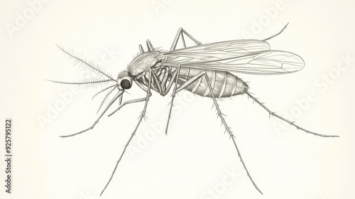A vintage illustration of a mosquito in a scientific style, with delicate linework showing the wings and body segments, isolated on a white background