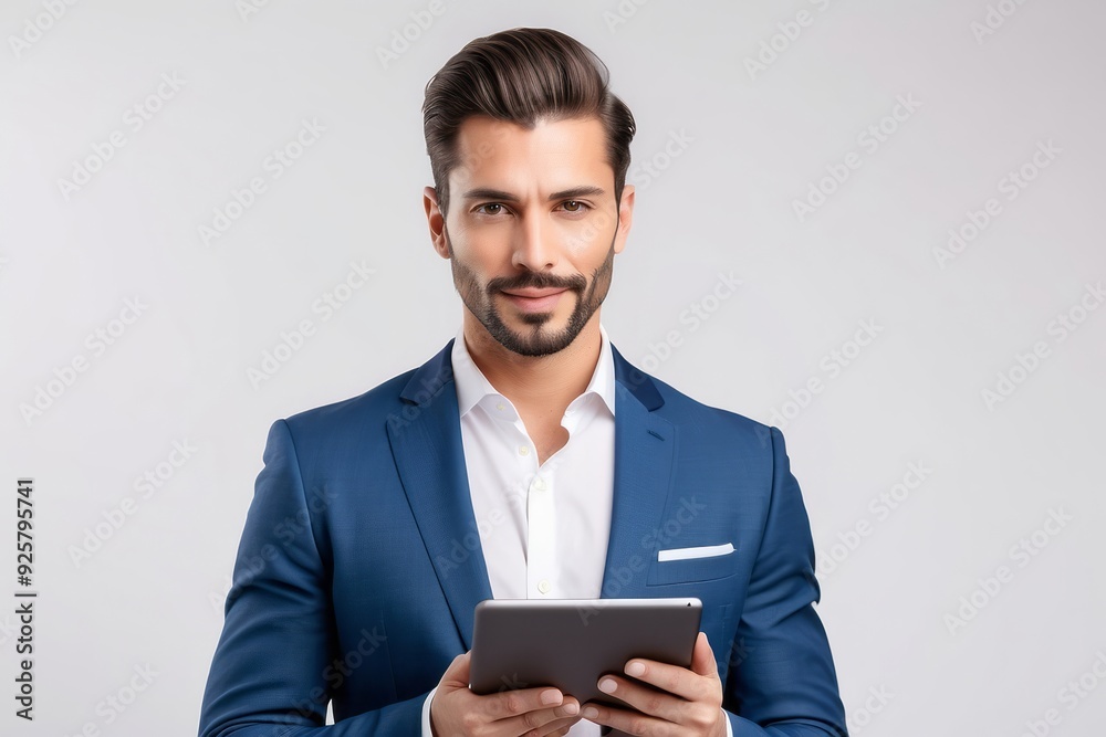 A man in a blue suit holding a tablet and smiling A man in a blue suit holding a tablet and smiling