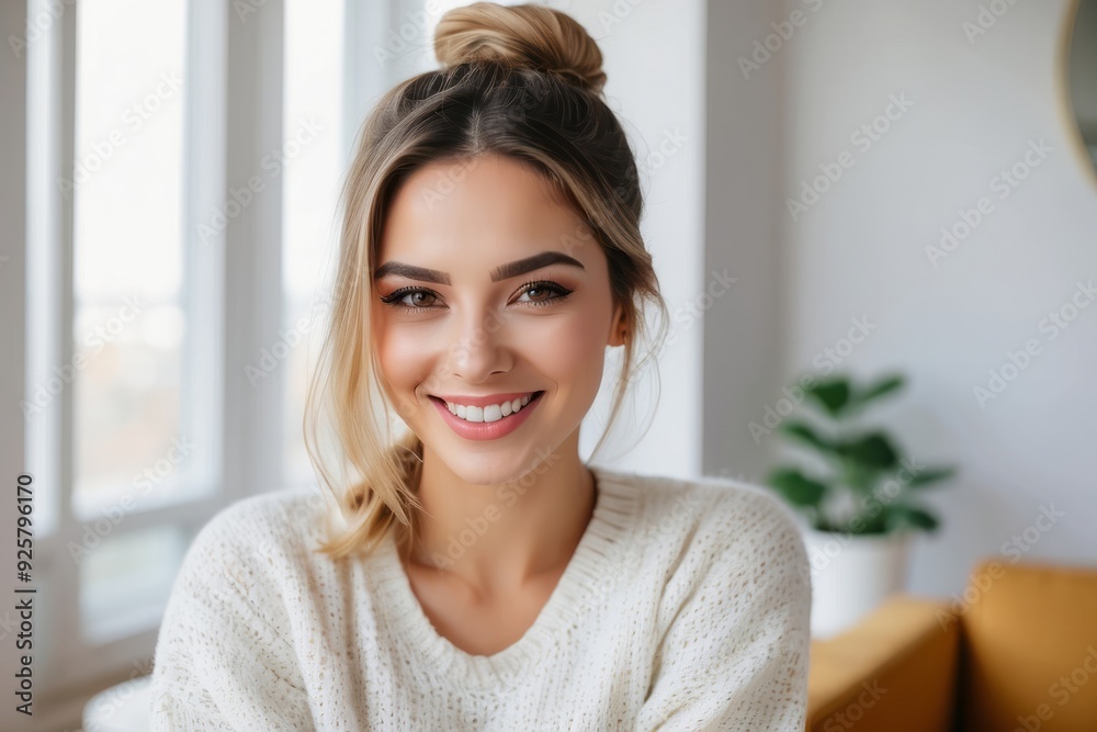 Portrait of a Smiling Woman with Blonde Hair and White Sweater Portrait of a Smiling Woman with Blonde Hair and White Sweater
