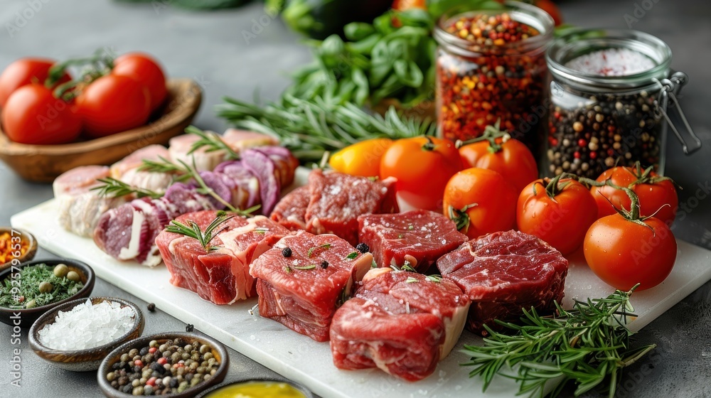 Fresh farm-to-table ingredients arranged beautifully on a kitchen counter, showcasing vibrant tomatoes, herbs, and quality cuts of meat. Generative AI Fresh farm-to-table ingredients arranged beautifully on a kitchen counter, showcasing vibrant tomatoes, herbs, and quality cuts of meat. Generative AI