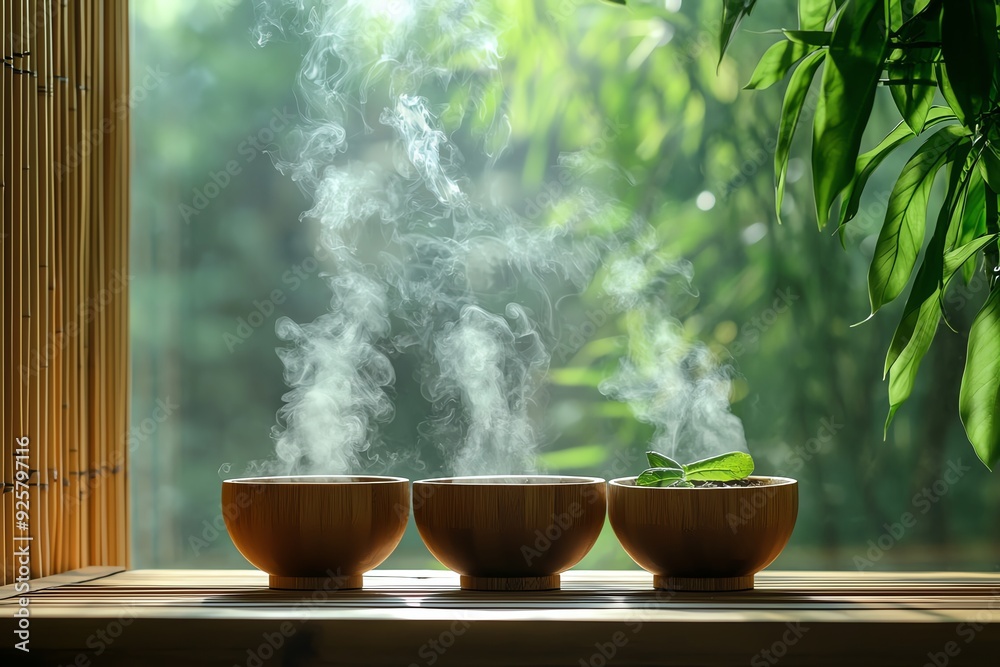 Steam rises from wooden bowls against a backdrop of vibrant green foliage, creating a serene and calming atmosphere. Steam rises from wooden bowls against a backdrop of vibrant green foliage, creating a serene and calming atmosphere.