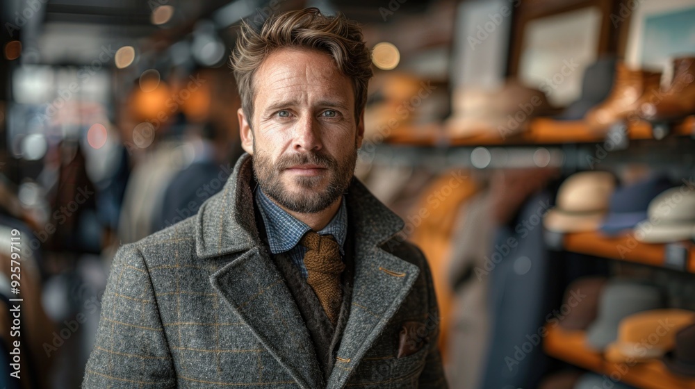 A man in a stylish coat stands confidently in a vintage clothing store filled with hats and accessories. Generative AI A man in a stylish coat stands confidently in a vintage clothing store filled with hats and accessories. Generative AI