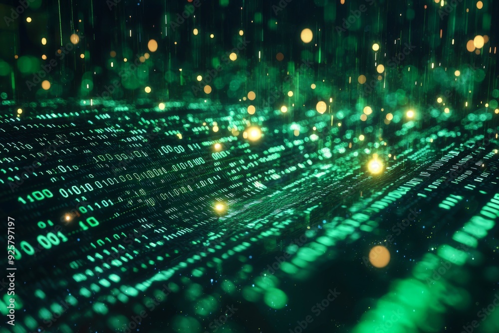Green Dark Binary Code with Data Streaming Background created with Generative AI Green Dark Binary Code with Data Streaming Background created with Generative AI