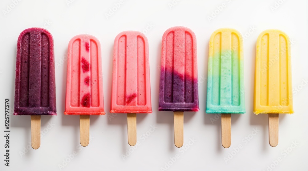 Refreshing rainbow-colored fruit popsicles showcased in a row on white Refreshing rainbow-colored fruit popsicles showcased in a row on white