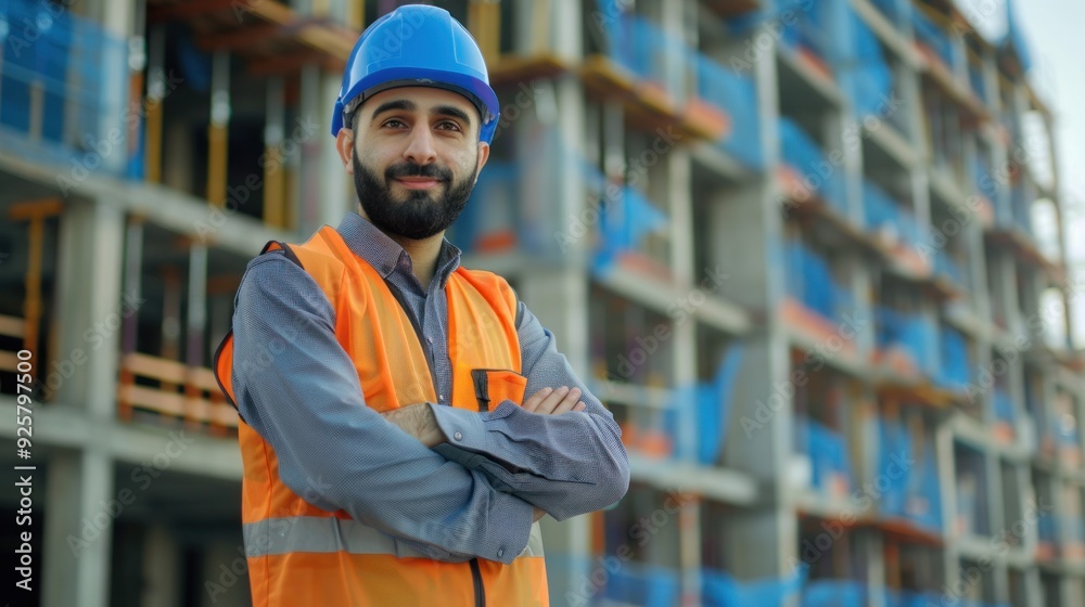 Portrait of satisfied construction site manager wearing safety vest and blue helmet with copy space Portrait of satisfied construction site manager wearing safety vest and blue helmet with copy space