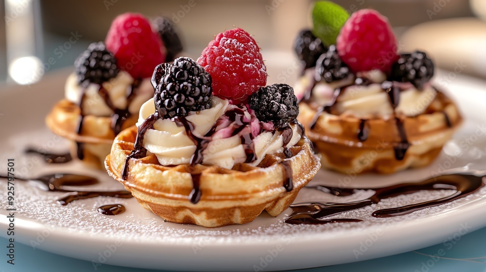Mini licorice waffles topped with a swirl of pudding and fresh fruit Mini licorice waffles topped with a swirl of pudding and fresh fruit