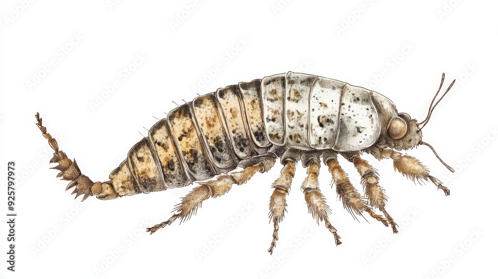 A retro-style botanical illustration of a louse, featuring fine textures and detailed body segments, isolated on a white background A retro-style botanical illustration of a louse, featuring fine textures and detailed body segments, isolated on a white background