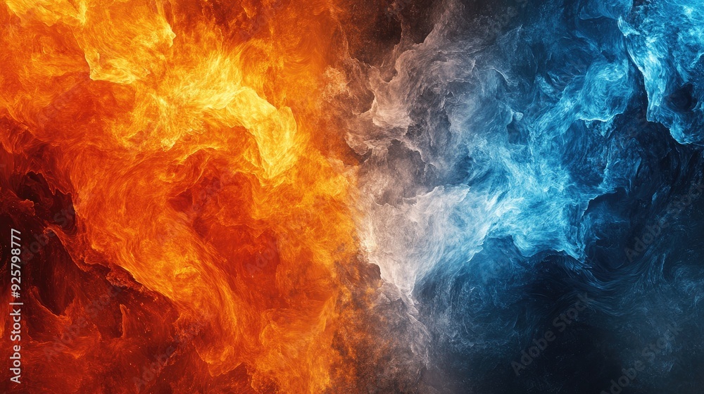 Fototapeta premium Rich colors of fire and ice: An abstract image depicting the meeting of fire and ice, with a mix of vibrant colors and elements, providing ample space for text or design.