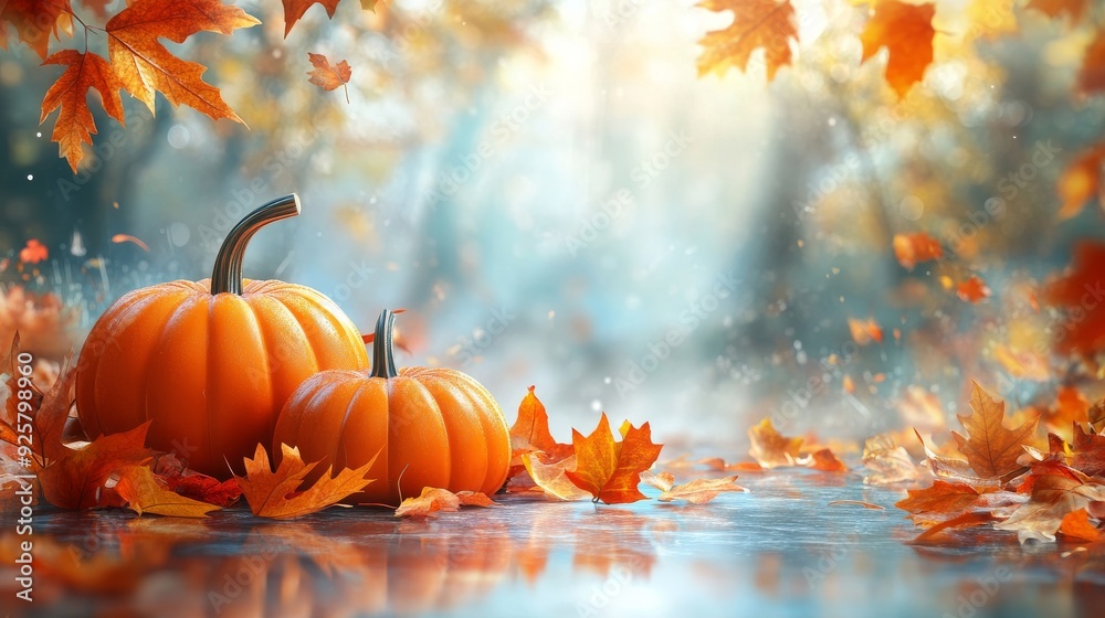 Autumn's Golden Embrace: Two pumpkins nestled amidst a carpet of fallen leaves, bathed in the soft glow of a misty autumn morning. Autumn's Golden Embrace: Two pumpkins nestled amidst a carpet of fallen leaves, bathed in the soft glow of a misty autumn morning.