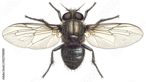A retro-style scientific illustration of a housefly, showcasing fine details on its wings and segmented body, isolated on a white background
