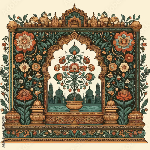 Mughal garden lake with swan, lotus flower, peacock, palace, tree illustration for wedding invitation seamless pattern