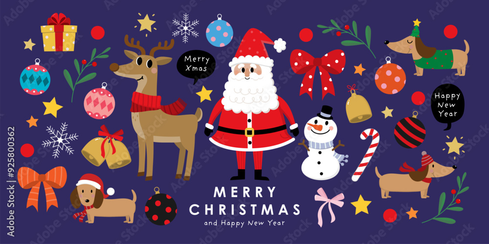 Merry Christmas and happy new year with Santa Claus, snowman and deer. Holiday cartoon character in winter season. -Vector Merry Christmas and happy new year with Santa Claus, snowman and deer. Holiday cartoon character in winter season. -Vector