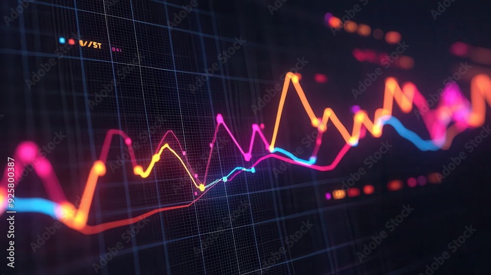 Predictive data analysis, glowing trend lines and graphs, 3D illustration