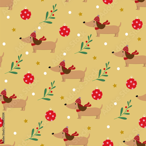 Cute dachshund puppy and dog in winter costume and ornament ball seamless pattern and wallpaper. Christmas holidays background. Animal cartoon characters. -Vector