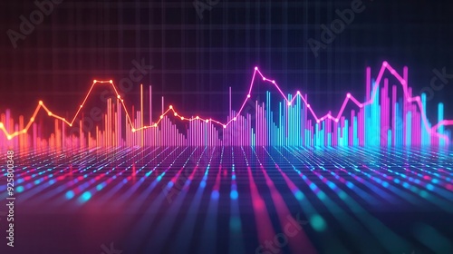 Predictive data analysis, glowing trend lines and graphs, 3D illustration