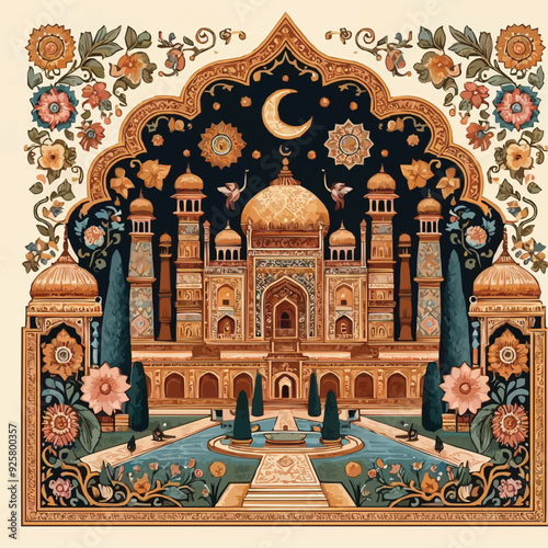 Mughal garden lake with swan, lotus flower, peacock, palace, tree illustration for wedding invitation seamless pattern