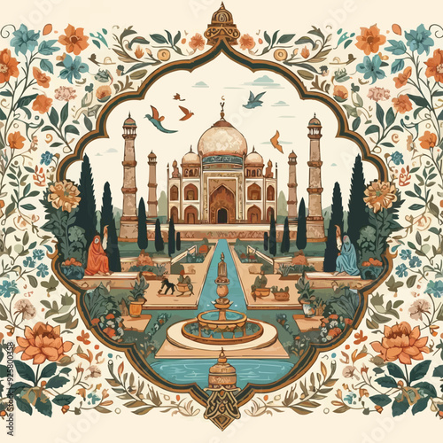 Mughal garden lake with swan, lotus flower, peacock, palace, tree illustration for wedding invitation seamless pattern