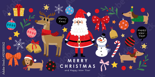 Merry Christmas and happy new year with Santa Claus, snowman and deer. Holiday cartoon character in winter season. -Vector
