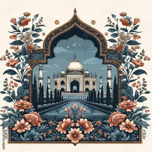 Mughal garden lake with swan, lotus flower, peacock, palace, tree illustration for wedding invitation seamless pattern
