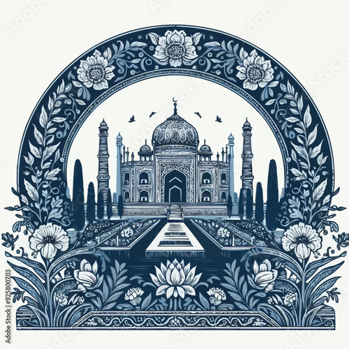 Mughal garden lake with swan, lotus flower, peacock, palace, tree illustration for wedding invitation seamless pattern