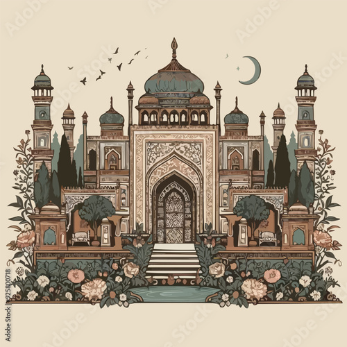 Mughal garden lake with swan, lotus flower, peacock, palace, tree illustration for wedding invitation seamless pattern