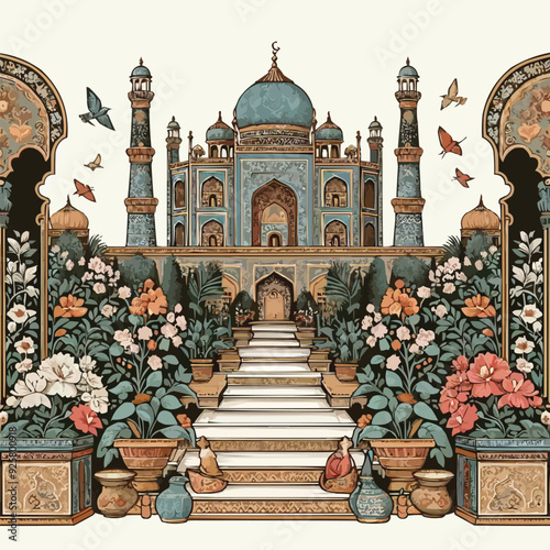 Mughal garden lake with swan, lotus flower, peacock, palace, tree illustration for wedding invitation seamless pattern