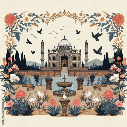 Mughal garden lake with swan, lotus flower, peacock, palace, tree illustration for wedding invitation seamless pattern