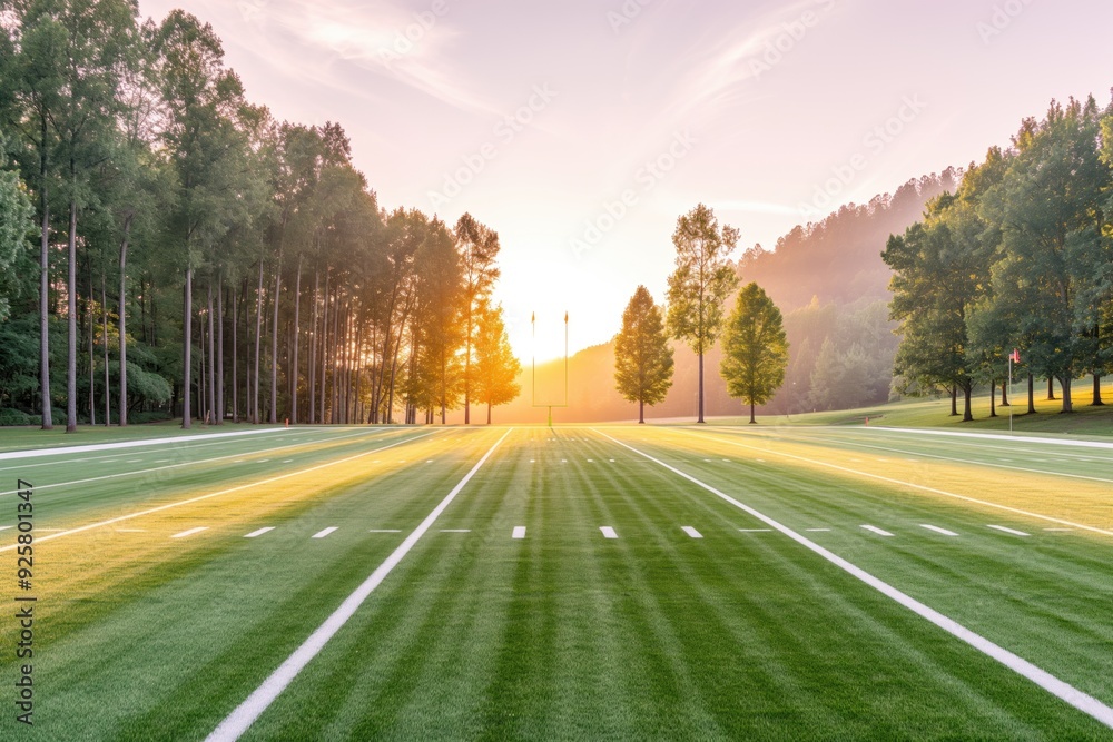 Golden Hour Sunlight on Pristine Running Track and Lush Trees Golden Hour Sunlight on Pristine Running Track and Lush Trees