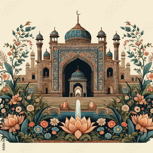 Mughal garden lake with swan, lotus flower, peacock, palace, tree illustration for wedding invitation seamless pattern