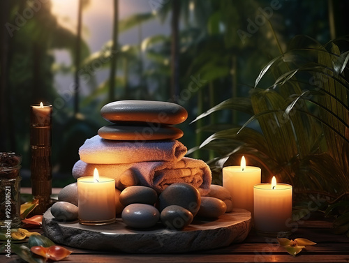 Attractive ighted candle over the spa stones with napkin, rose and himalayan salts on peach photo