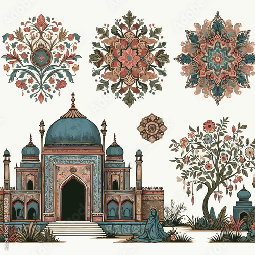 Mughal garden lake with swan, lotus flower, peacock, palace, tree illustration for wedding invitation seamless pattern
