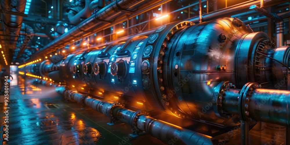 Futuristic High tech Industrial Machinery in Dimly Lit Factory Workshop Futuristic High tech Industrial Machinery in Dimly Lit Factory Workshop