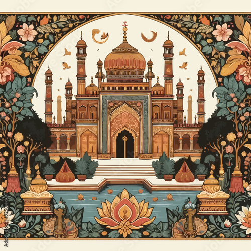 Mughal garden lake with swan, lotus flower, peacock, palace, tree illustration for wedding invitation seamless pattern