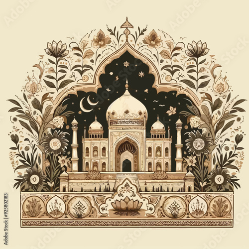 Mughal garden lake with swan, lotus flower, peacock, palace, tree illustration for wedding invitation seamless pattern
