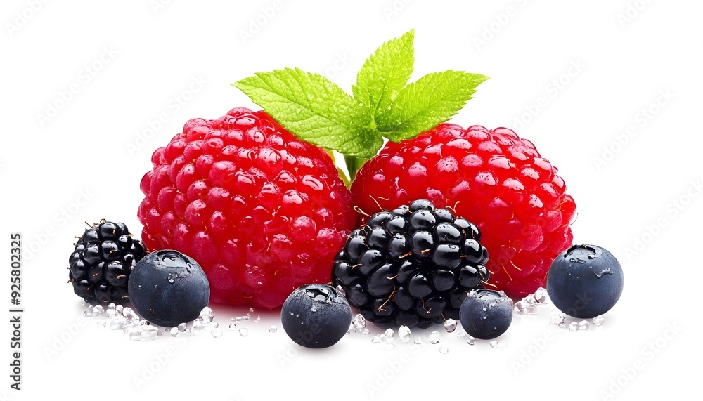 Assorted Fresh Berries with Mint Leaves on White Background Assorted Fresh Berries with Mint Leaves on White Background
