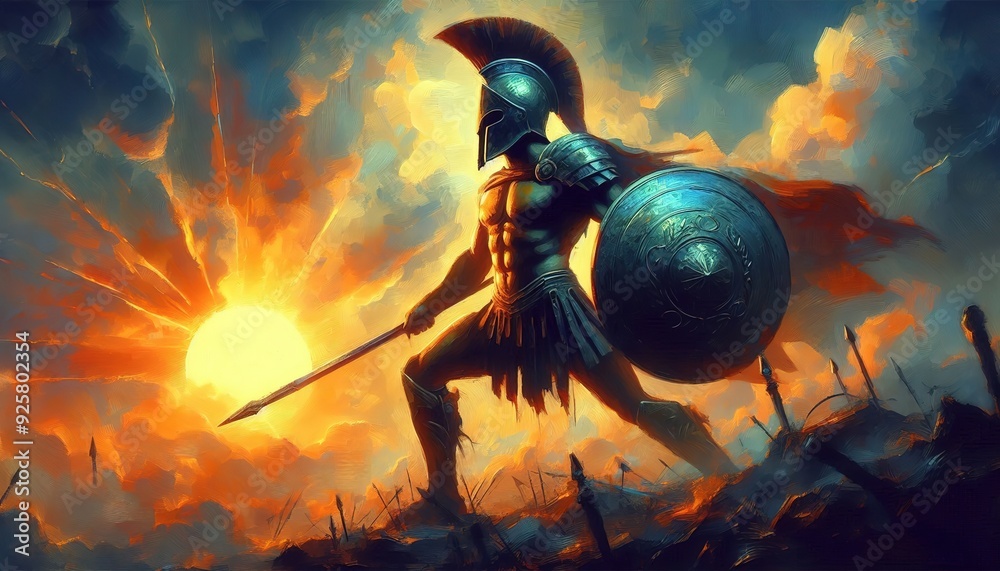 A powerful Spartan warrior stands amidst a battlefield, silhouetted ...