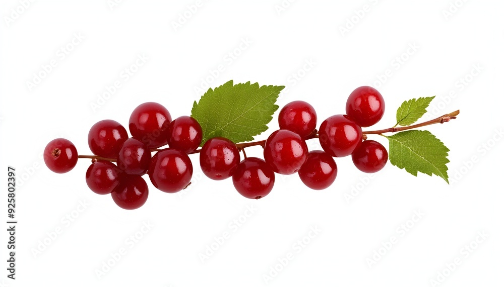 Vibrant Red Berries and Leaves on Branch Against White Background Vibrant Red Berries and Leaves on Branch Against White Background
