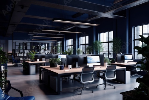 Modern Workspace Dynamics Light Indigo and Dark Black Office Design