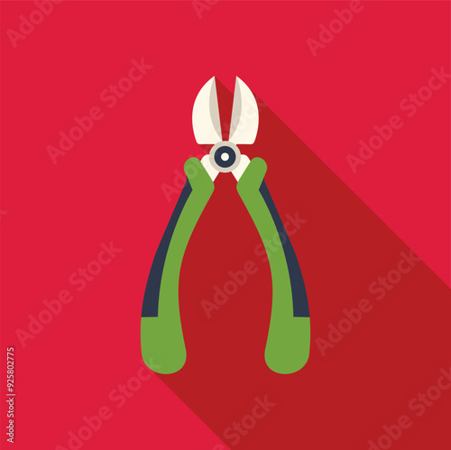 Green garden secateurs for pruning branches icon in flat style with long shadow on a red background