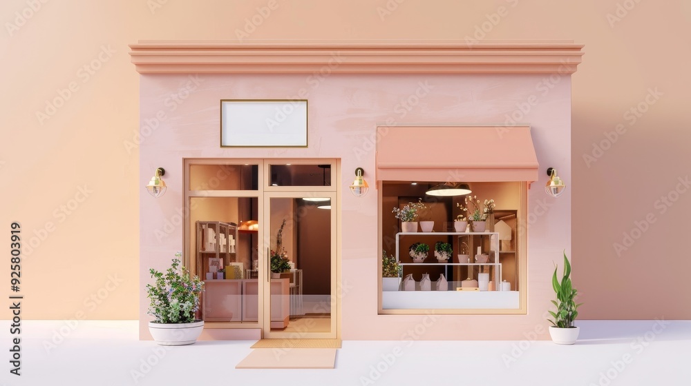 Charming small storefront with pink exterior and plant decoratio Charming small storefront with pink exterior and plant decoratio